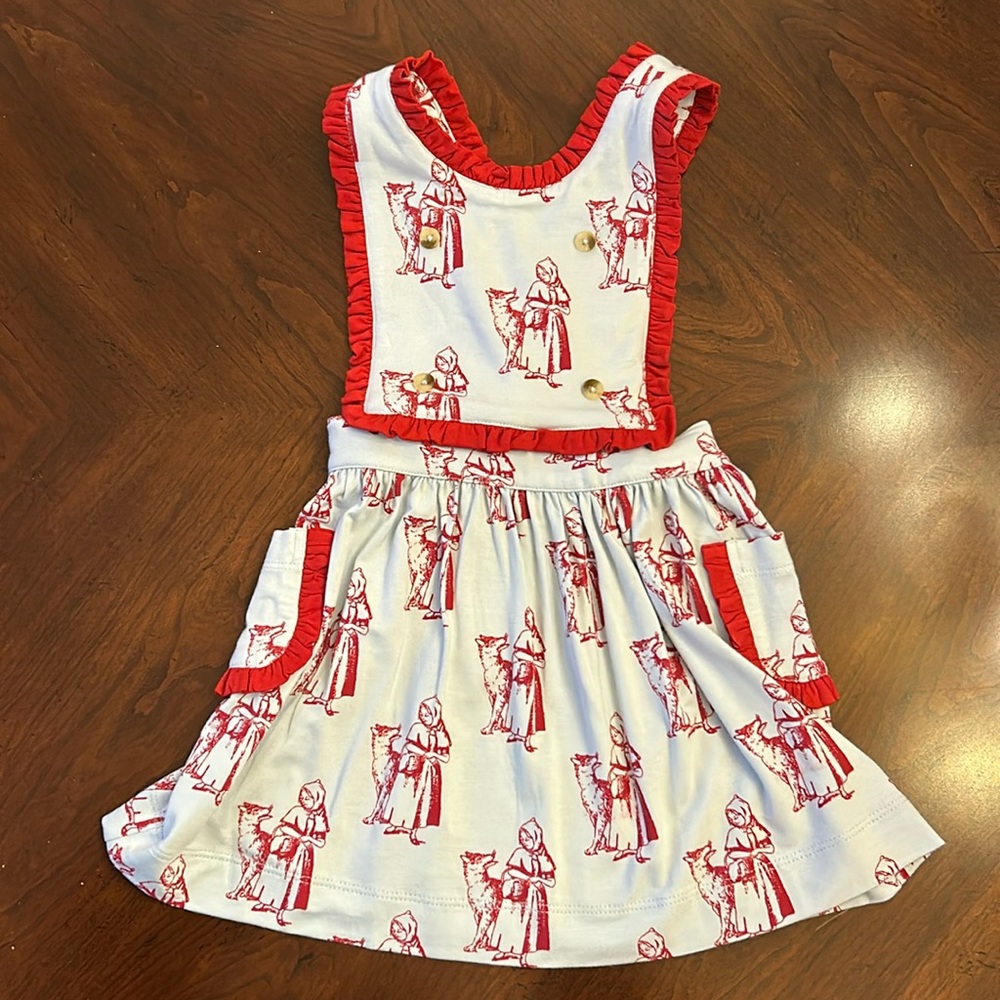 NWOT Kate Quinn Red Riding Hood Apron Dress Bamboo Blue and Red 18-24 months
